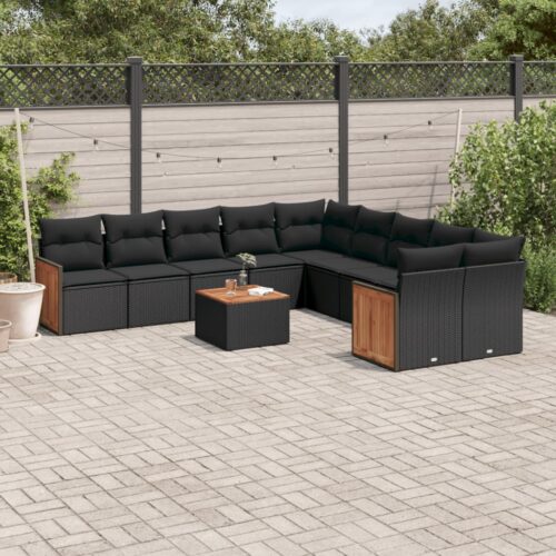11-Piece Garden Sofa Set with Cushions Black Poly Rattan Wicker Outdoor Patio Furniture - Image 2