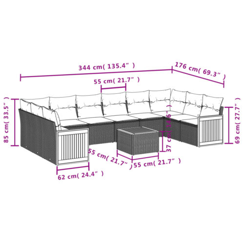11-Piece Garden Sofa Set with Cushions Black Poly Rattan Wicker Outdoor Patio Furniture - Image 3