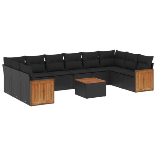 11-Piece Garden Sofa Set with Cushions Black Poly Rattan Wicker Outdoor Patio Furniture - Image 5