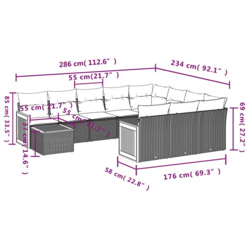 11-Piece Garden Sofa Set with Cushions Black Poly Rattan Wicker Outdoor Patio Furniture - Image 3