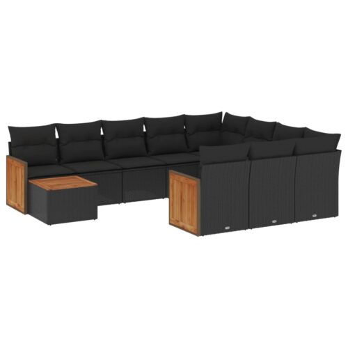 11-Piece Garden Sofa Set with Cushions Black Poly Rattan Wicker Outdoor Patio Furniture - Image 5