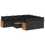 11-Piece Garden Sofa Set with Cushions Black Poly Rattan Wicker Outdoor Patio Furniture
