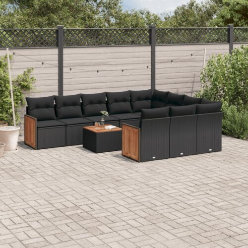11-Piece Garden Sofa Set with Cushions Black Poly Rattan Wicker Outdoor Patio Furniture - Image 2