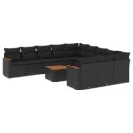 12-Piece Garden Sofa Set with Cushions Black Poly Rattan Wicker Outdoor Patio Furniture