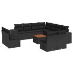 12-Piece Garden Sofa Set with Cushions Black Poly Rattan Wicker Outdoor Patio Furniture