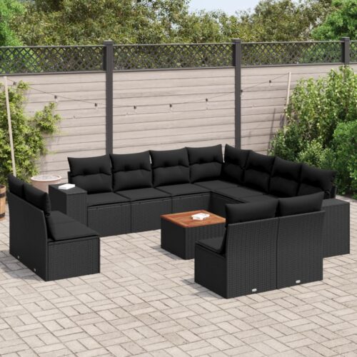 12-Piece Garden Sofa Set with Cushions Black Poly Rattan Wicker Outdoor Patio Furniture - Image 2