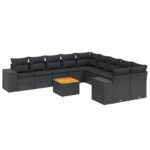 11-Piece Garden Sofa Set with Cushions Black Poly Rattan Wicker Outdoor Patio Furniture