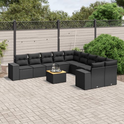 11-Piece Garden Sofa Set with Cushions Black Poly Rattan Wicker Outdoor Patio Furniture - Image 2