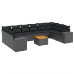11-Piece Garden Sofa Set with Cushions Black Poly Rattan Wicker Outdoor Patio Furniture