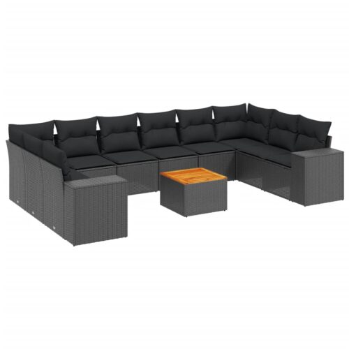 11-Piece Garden Sofa Set with Cushions Black Poly Rattan Wicker Outdoor Patio Furniture