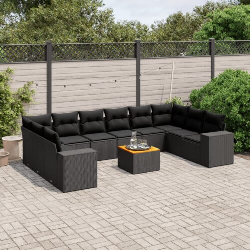 11-Piece Garden Sofa Set with Cushions Black Poly Rattan Wicker Outdoor Patio Furniture - Image 2
