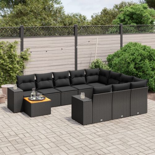 11-Piece Garden Sofa Set with Cushions Black Poly Rattan Wicker Outdoor Patio Furniture - Image 2