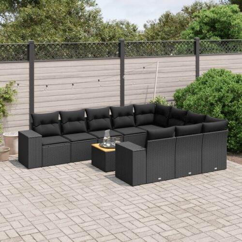 11-Piece Garden Sofa Set with Cushions Black Poly Rattan Wicker Outdoor Patio Furniture - Image 2