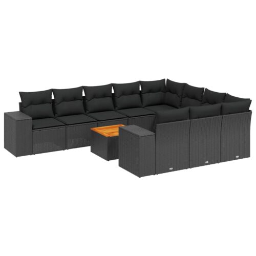 11-Piece Garden Sofa Set with Cushions Black Poly Rattan Wicker Outdoor Patio Furniture - Image 5