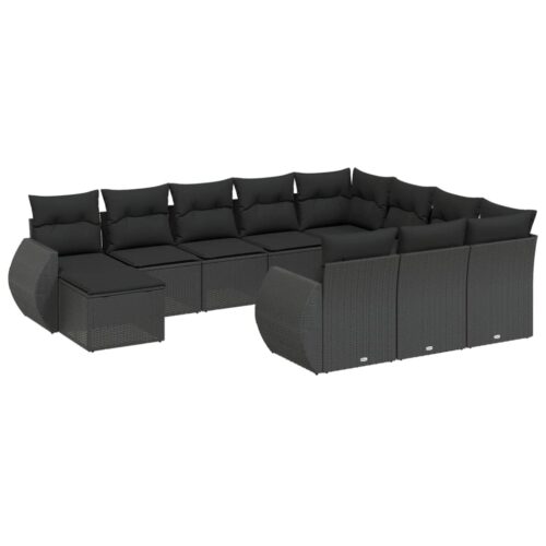 11-Piece Garden Sofa Set with Cushions Black Poly Rattan Wicker Outdoor Patio Furniture