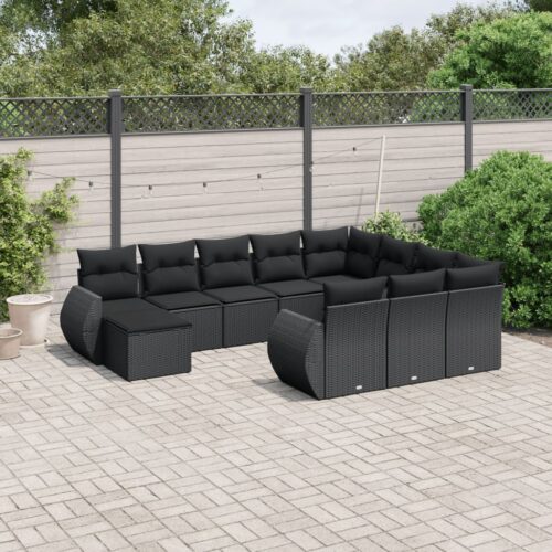 11-Piece Garden Sofa Set with Cushions Black Poly Rattan Wicker Outdoor Patio Furniture - Image 2