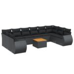 11-Piece Garden Sofa Set with Cushions Black Poly Rattan Wicker Outdoor Patio Furniture