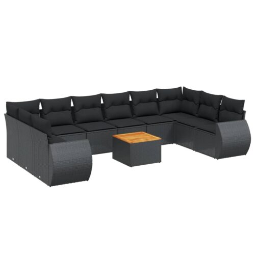 11-Piece Garden Sofa Set with Cushions Black Poly Rattan Wicker Outdoor Patio Furniture