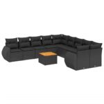 11-Piece Garden Sofa Set with Cushions Black Poly Rattan Wicker Outdoor Patio Furniture