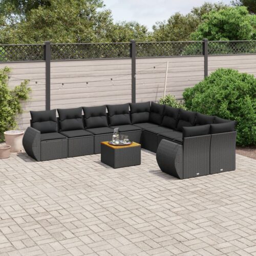 11-Piece Garden Sofa Set with Cushions Black Poly Rattan Wicker Outdoor Patio Furniture - Image 2