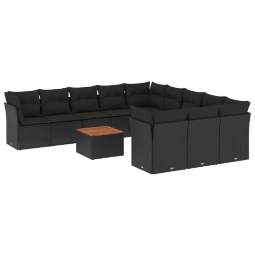 12-Piece Garden Sofa Set with Cushions Black Poly Rattan Wicker Outdoor Patio Furniture - Image 5