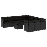 12-Piece Garden Sofa Set with Cushions Black Poly Rattan Wicker Outdoor Patio Furniture