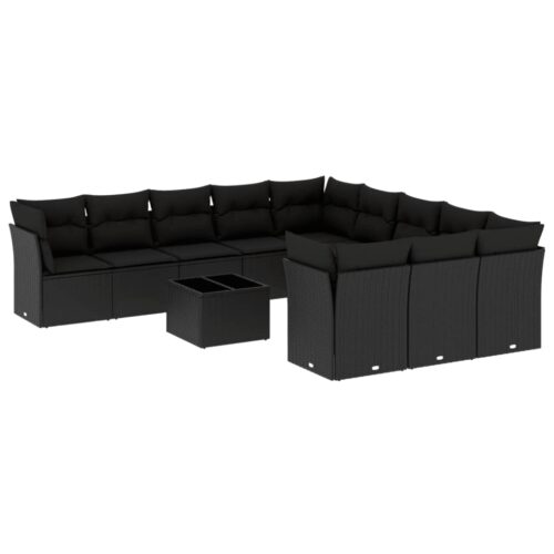 12-Piece Garden Sofa Set with Cushions Black Poly Rattan Wicker Outdoor Patio Furniture