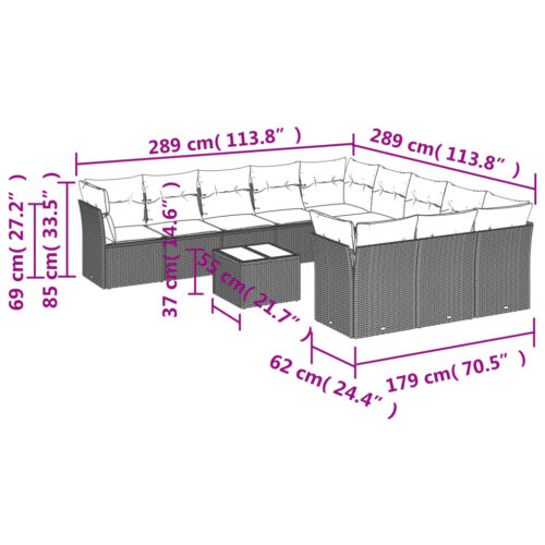 12-Piece Garden Sofa Set with Cushions Black Poly Rattan Wicker Outdoor Patio Furniture - Image 3