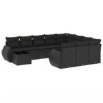 11-Piece Garden Sofa Set with Cushions Black Poly Rattan Wicker Outdoor Patio Furniture