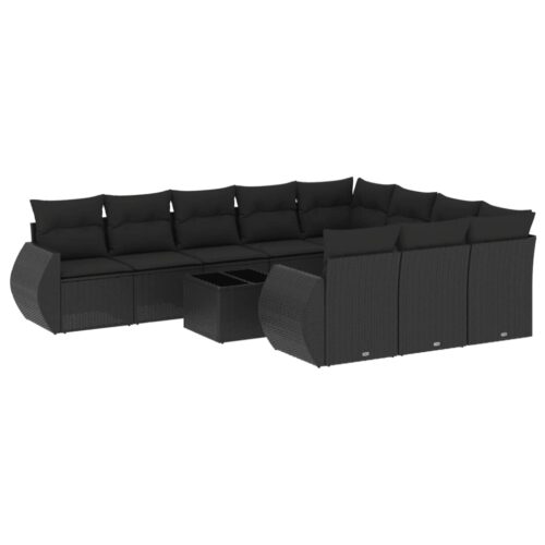 11-Piece Garden Sofa Set with Cushions Black Poly Rattan Wicker Outdoor Patio Furniture - Image 5
