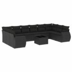 11-Piece Garden Sofa Set with Cushions Black Poly Rattan Wicker Outdoor Patio Furniture