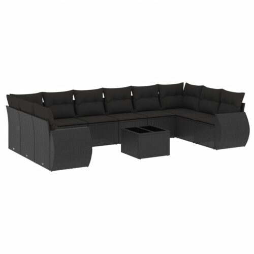 11-Piece Garden Sofa Set with Cushions Black Poly Rattan Wicker Outdoor Patio Furniture - Image 5