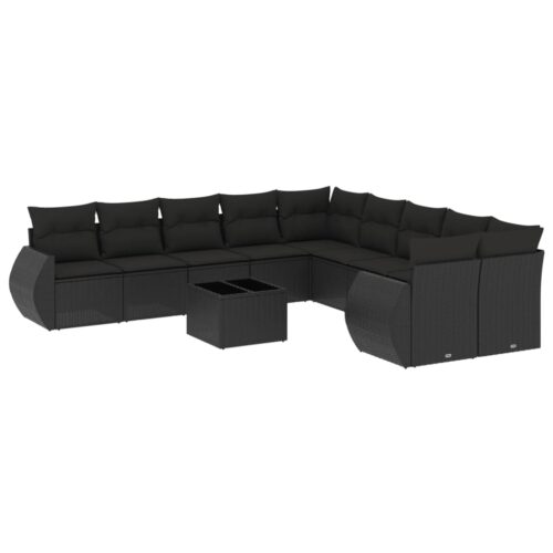 11-Piece Garden Sofa Set with Cushions Black Poly Rattan Wicker Outdoor Patio Furniture