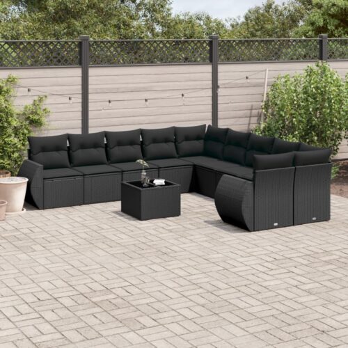 11-Piece Garden Sofa Set with Cushions Black Poly Rattan Wicker Outdoor Patio Furniture - Image 2