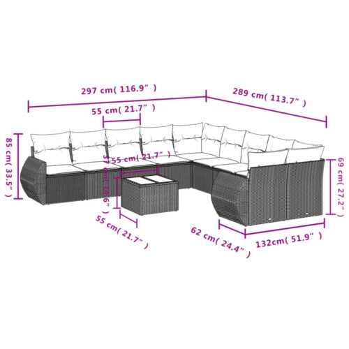 11-Piece Garden Sofa Set with Cushions Black Poly Rattan Wicker Outdoor Patio Furniture - Image 3