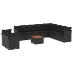 11-Piece Garden Sofa Set with Cushions Black Poly Rattan Wicker Outdoor Patio Furniture