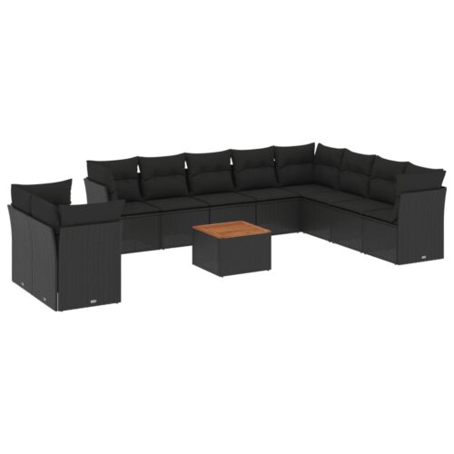 11-Piece Garden Sofa Set with Cushions Black Poly Rattan Wicker Outdoor Patio Furniture