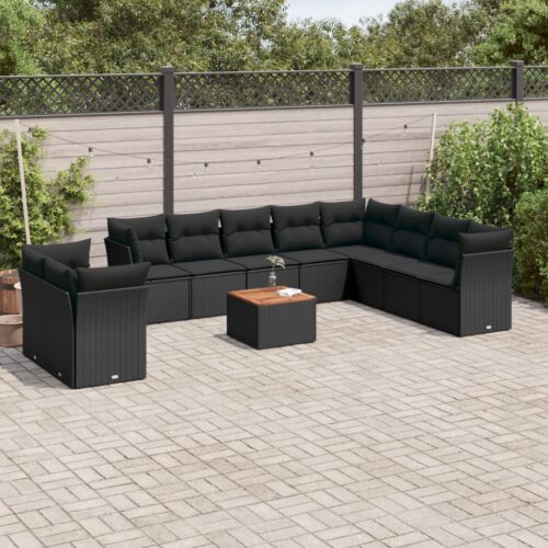 11-Piece Garden Sofa Set with Cushions Black Poly Rattan Wicker Outdoor Patio Furniture - Image 2