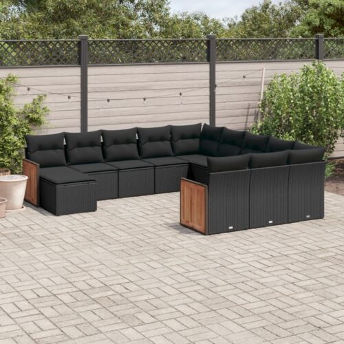 12-Piece Garden Sofa Set with Cushions Black Poly Rattan - Image 2