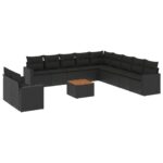 12-Piece Garden Sofa Set with Cushions Black Poly Rattan Wicker Outdoor Patio Furniture