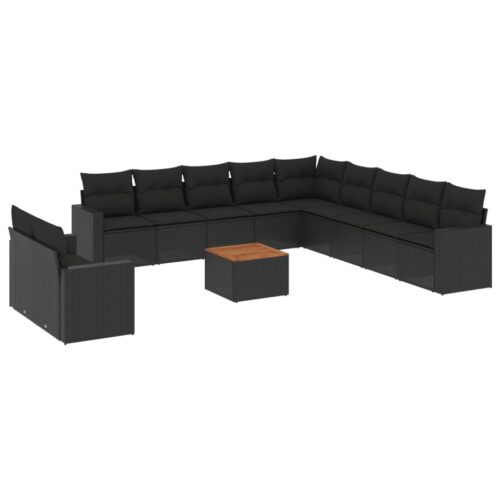 12-Piece Garden Sofa Set with Cushions Black Poly Rattan Wicker Outdoor Patio Furniture