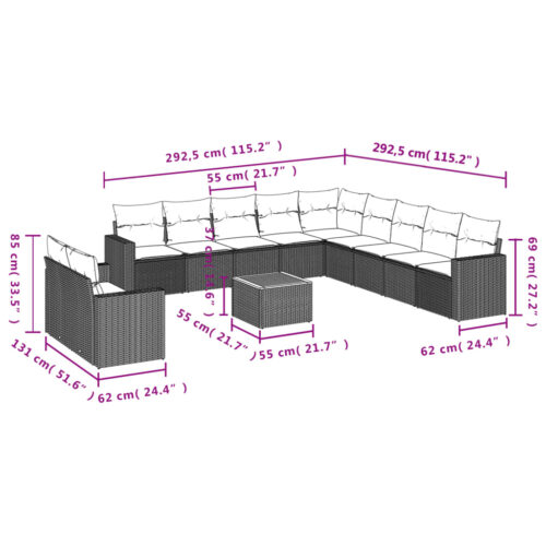 12-Piece Garden Sofa Set with Cushions Black Poly Rattan Wicker Outdoor Patio Furniture - Image 3