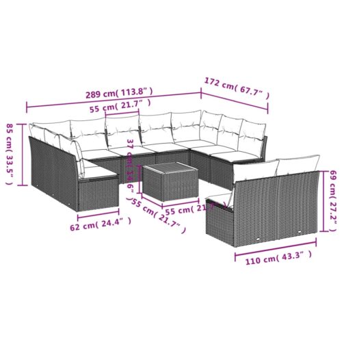 12-Piece Garden Sofa Set with Cushions Black Poly Rattan Wicker Outdoor Patio Furniture - Image 10