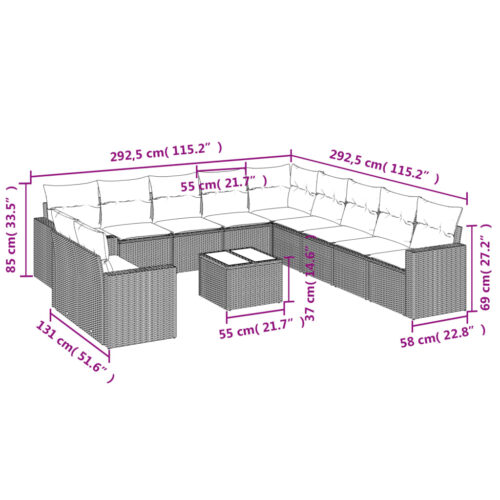 12-Piece Garden Sofa Set with Cushions Black Poly Rattan Wicker Outdoor Patio Furniture - Image 3
