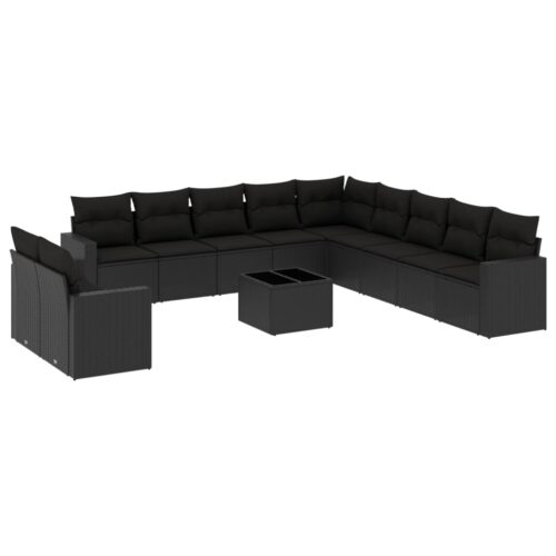 12-Piece Garden Sofa Set with Cushions Black Poly Rattan Wicker Outdoor Patio Furniture - Image 5