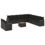 12-Piece Garden Sofa Set with Cushions Black Poly Rattan Wicker Outdoor Patio Furniture