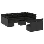 12-Piece Garden Sofa Set with Cushions Black Poly Rattan Wicker Outdoor Patio Furniture