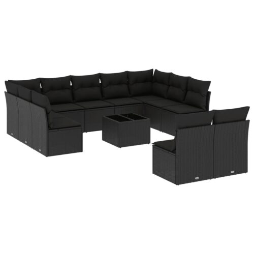 12-Piece Garden Sofa Set with Cushions Black Poly Rattan Wicker Outdoor Patio Furniture