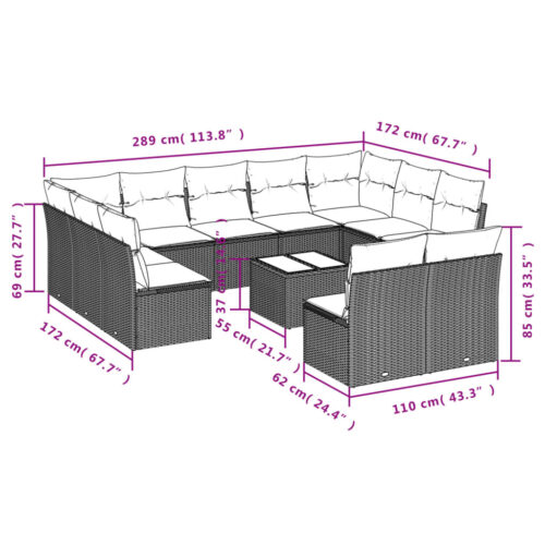 12-Piece Garden Sofa Set with Cushions Black Poly Rattan Wicker Outdoor Patio Furniture - Image 3