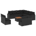 12-Piece Garden Sofa Set with Cushions Black Poly Rattan Wicker Outdoor Patio Furniture
